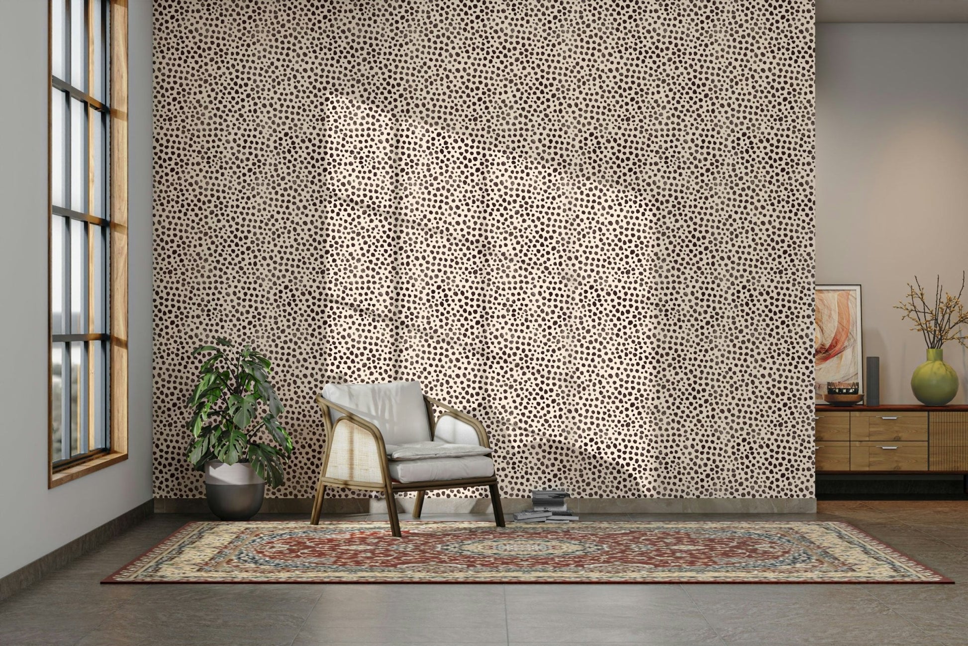 Bedroom wall with brown animal dot wallpaper

