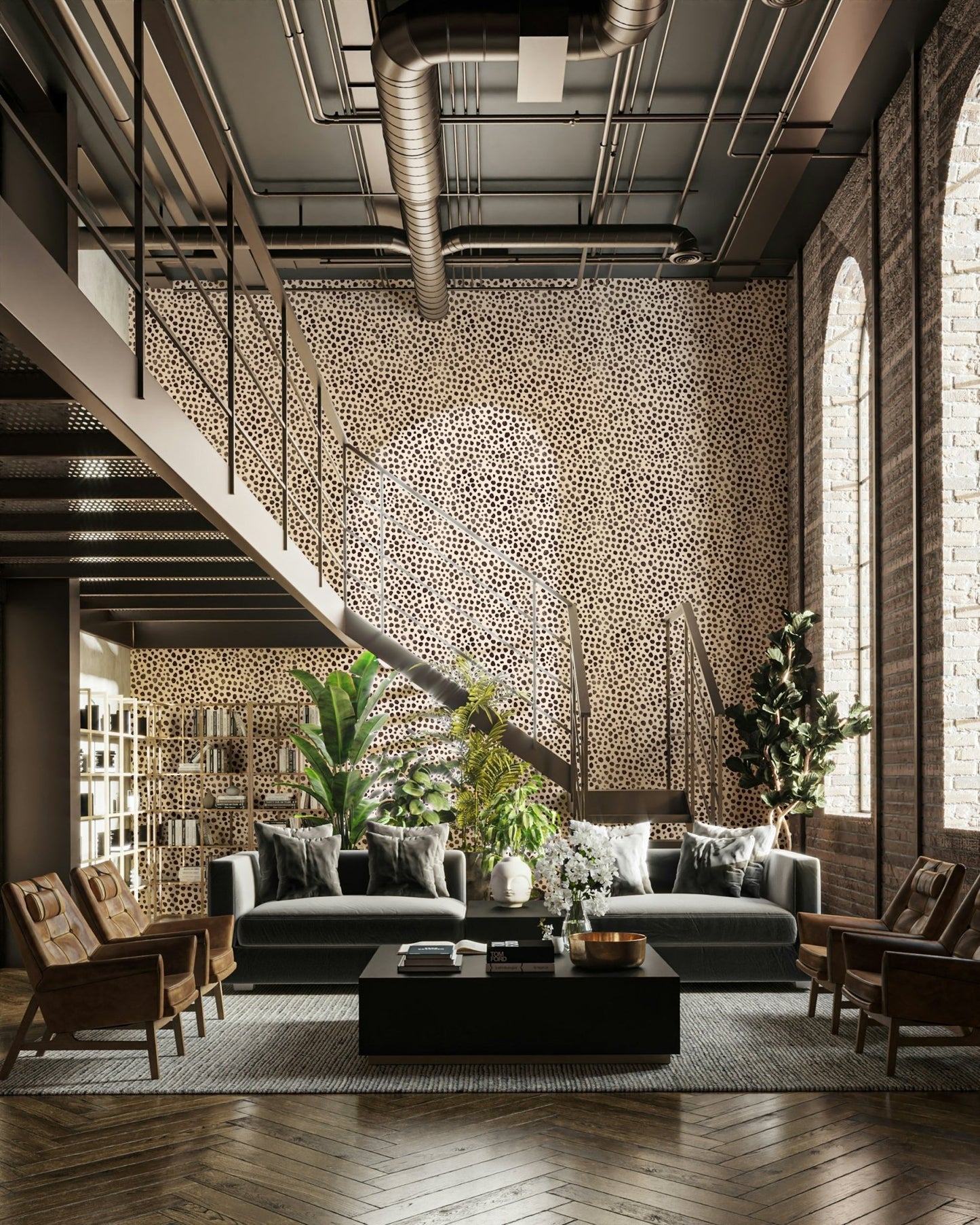 Living room with jewel jungle mural wallpaper

