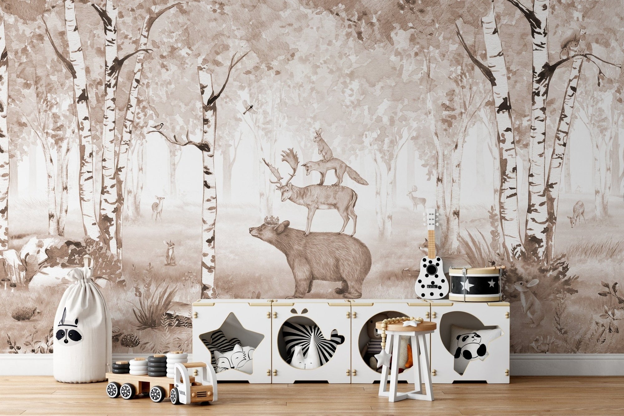 Brown bear king wallpaper with woodland animals and trees KB08