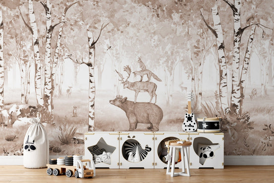 Brown bear king wallpaper with woodland animals and trees KB08