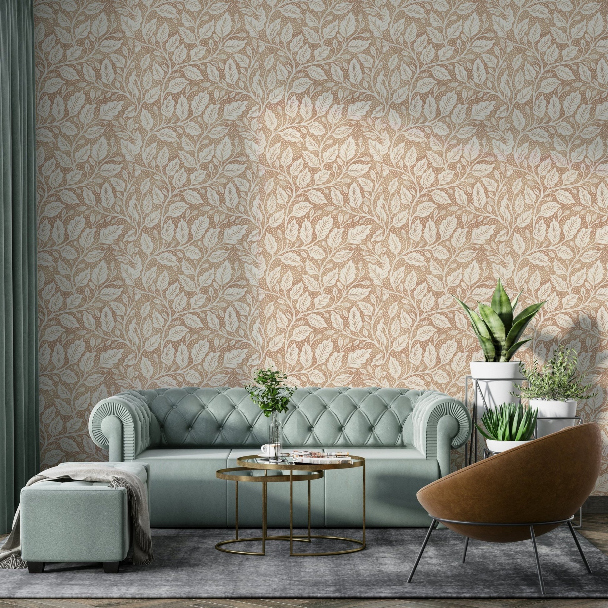 Brown wallpaper with delicate leaf branches GD464

