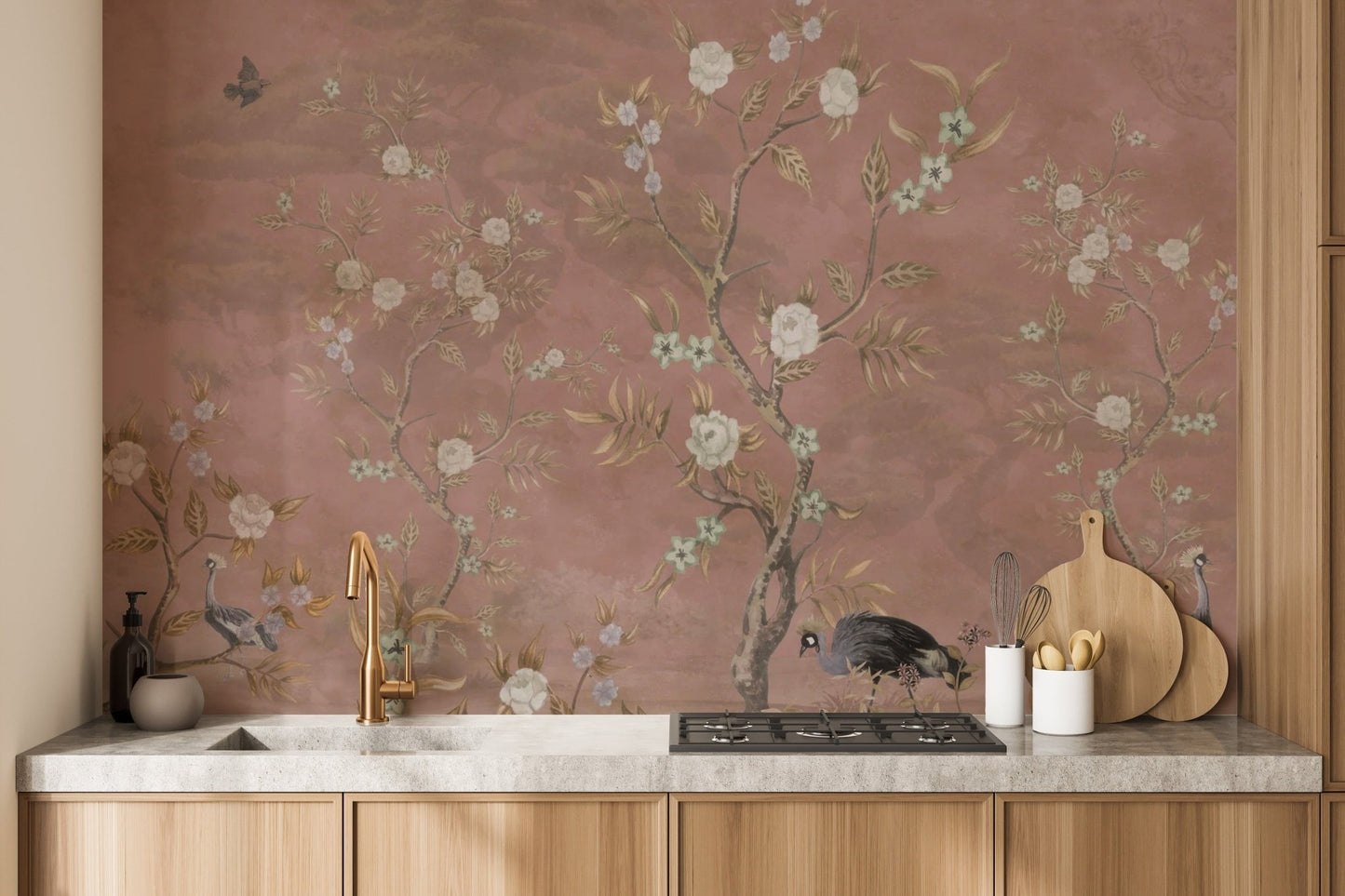 Classic chinoiserie pattern in brown tones wallpaper C496