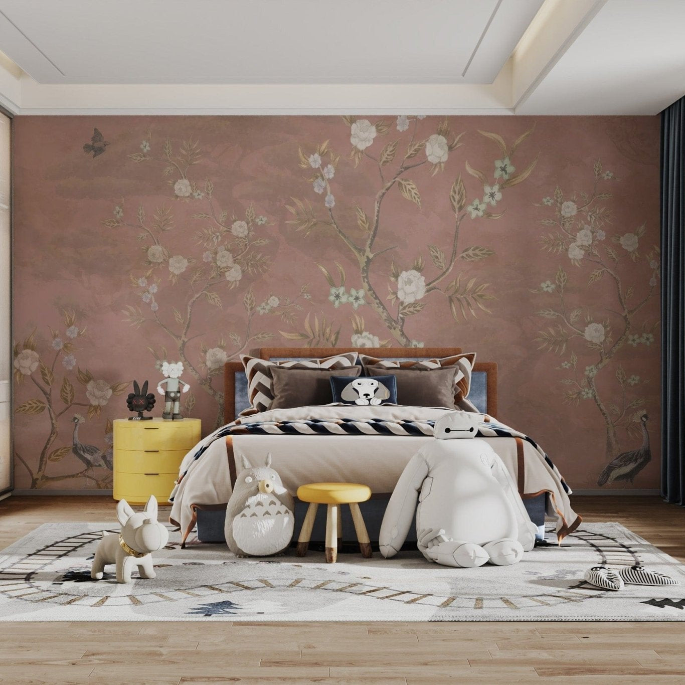 Brown chinoiserie wallpaper with floral details C496