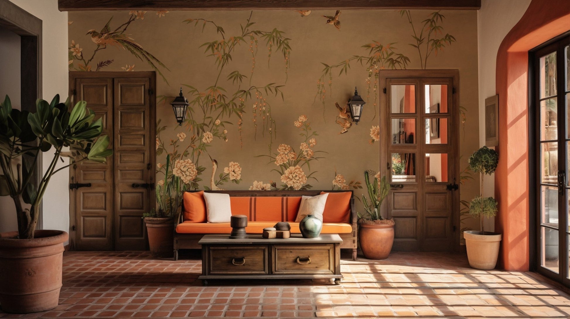 Japanese birds and trees chinoiserie wallpaper design