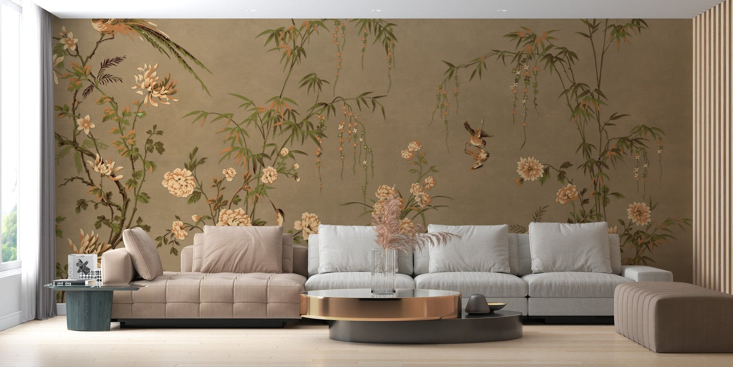 Chinoiserie wallpaper with Japanese birds and trees