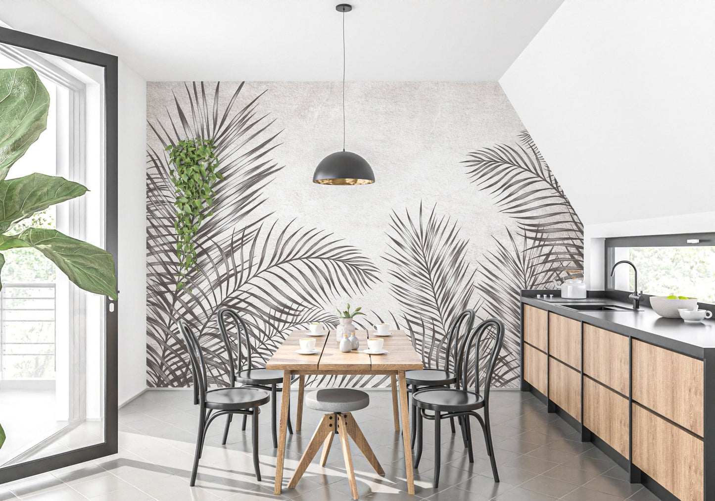 Tropical palm leaf mural in elegant tones A874