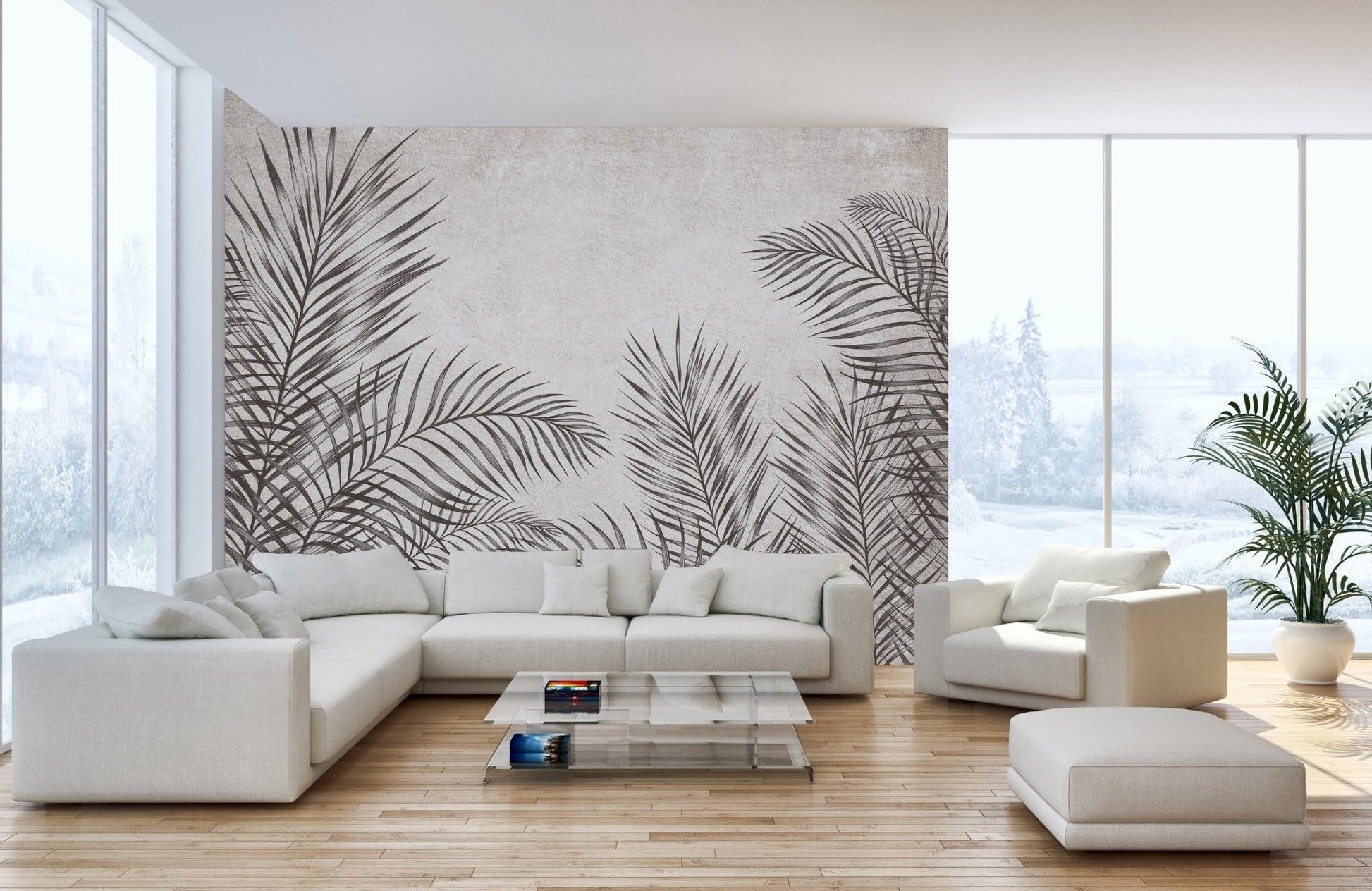 Monochrome tropical palm leaves wallpaper A874