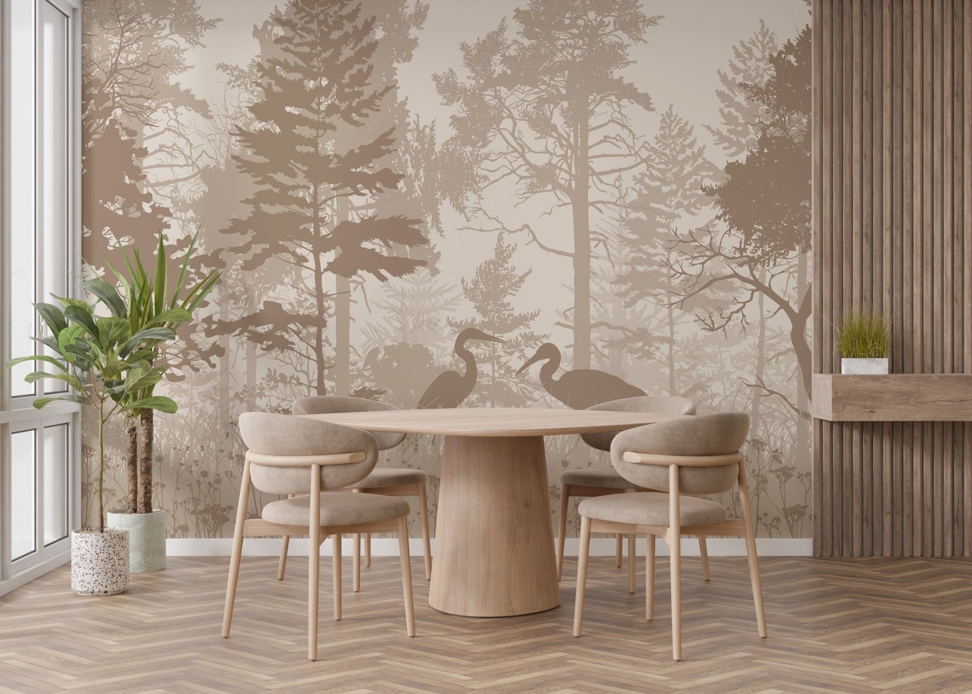 Serene Brown Forest Wallpaper with Herons for Dining A602