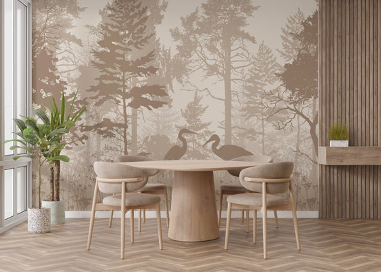 Serene Brown Forest Wallpaper with Herons for Dining A602