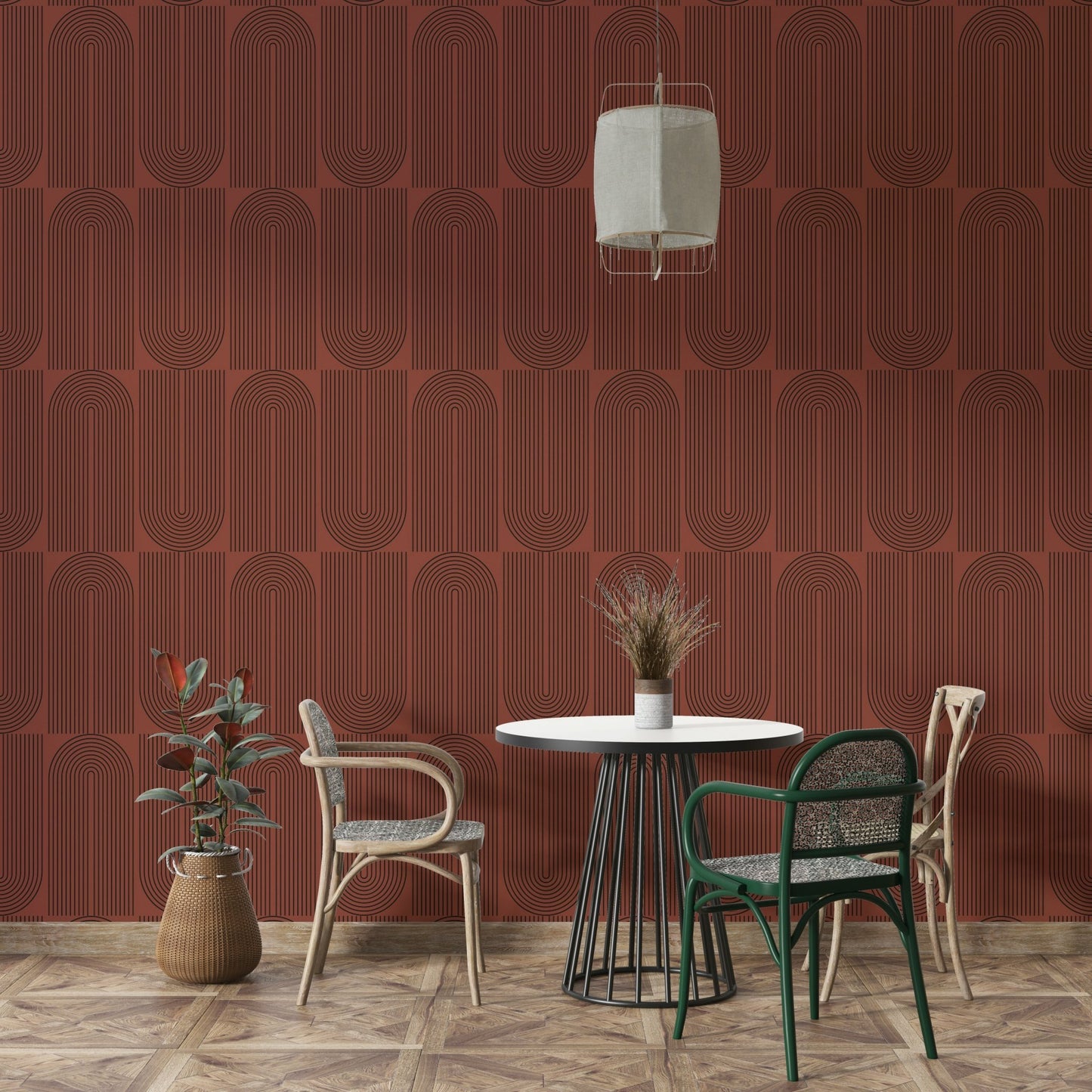 Brown Geometric Outlined wallpaper on a living room wall

