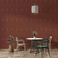 Brown Geometric Outlined wallpaper on a living room wall

