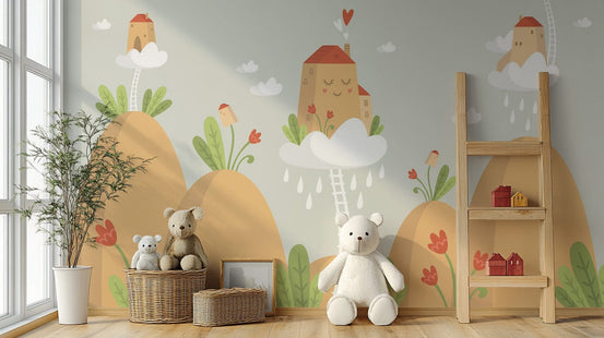 Whimsical mountain house wallpaper art B013