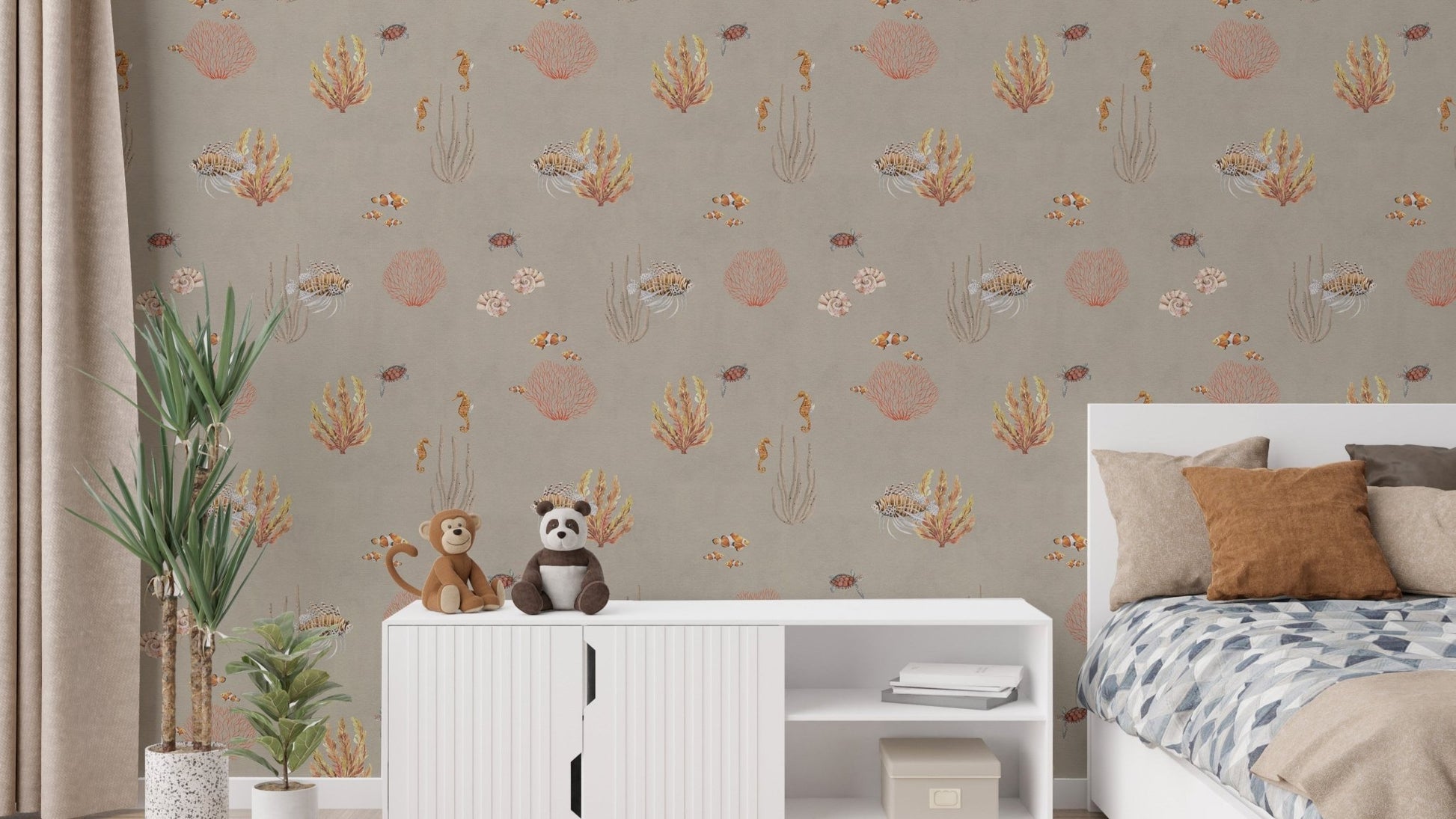 Clownfish and seahorse wallpaper design
