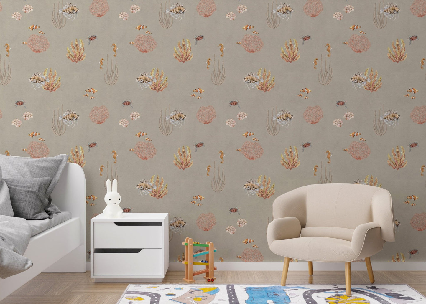Beach-inspired marine life wallpaper mural
