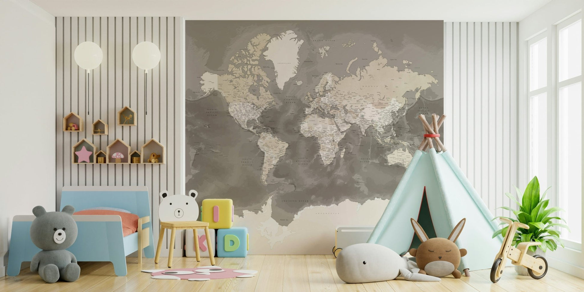 Brown watercolor world map wall art

