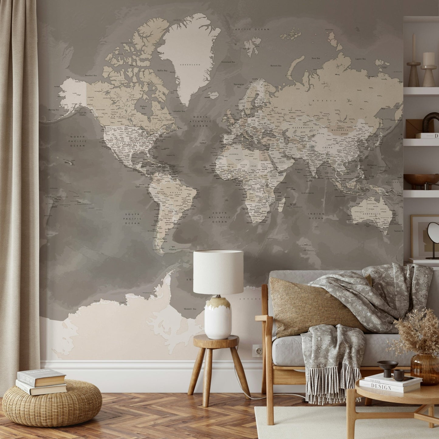Neutral brown world map wallpaper art

