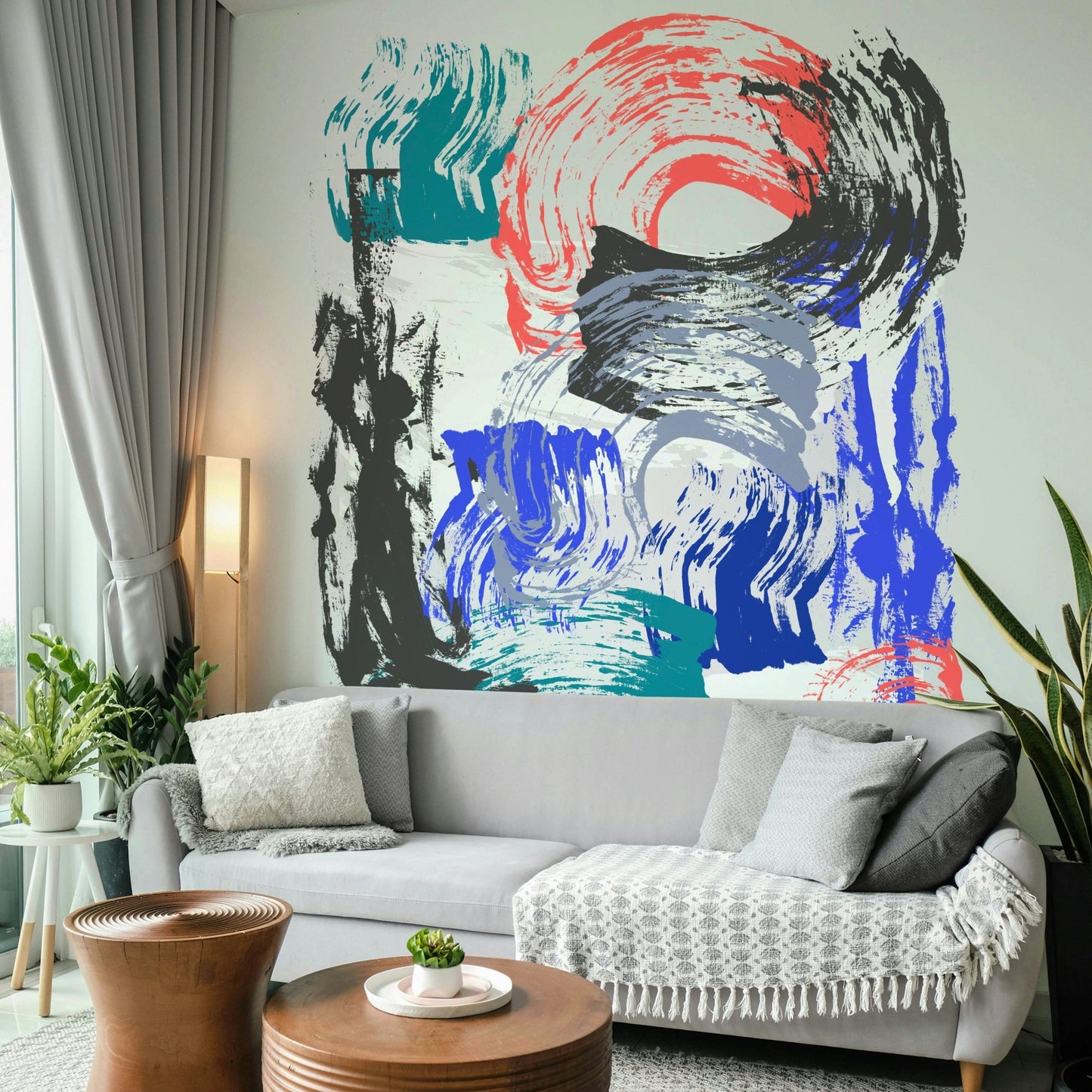 Artistic brush wallpaper in living room

