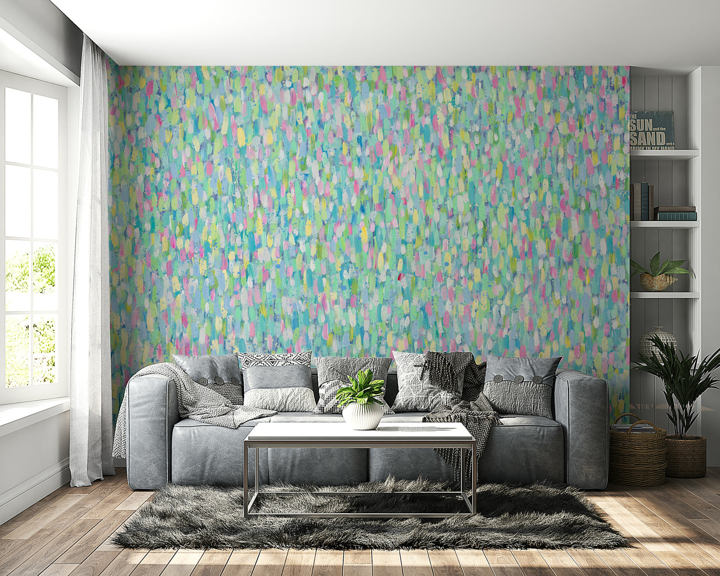 A peaceful flowing design mural on decorative wallpaper.


