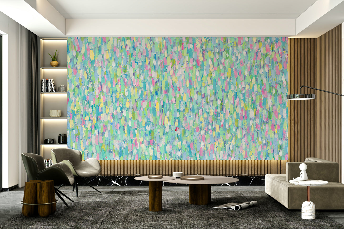 A graceful modern abstract wall mural in cool, natural tones.

