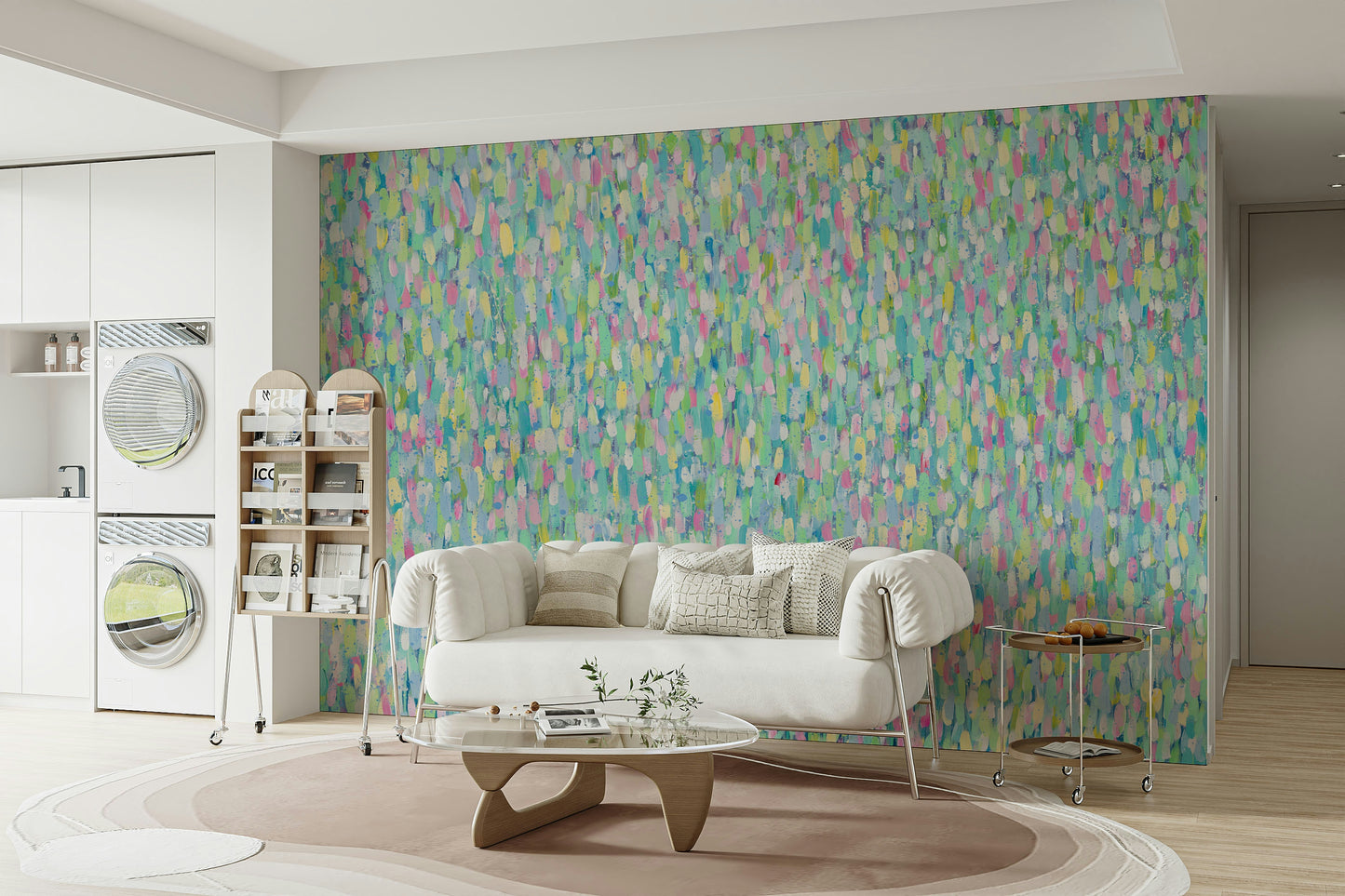 An artistic expressive texture mural on minimalist wallpaper.

