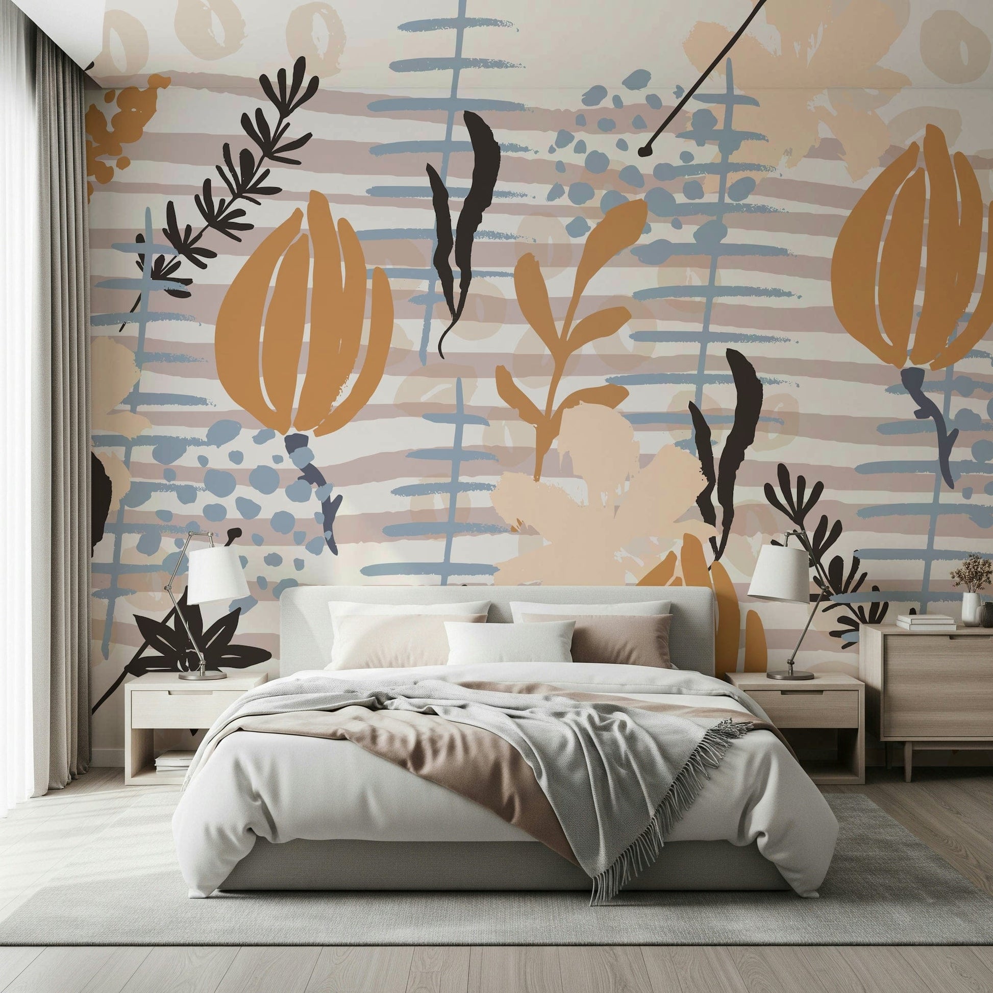 A contemplative floral pattern wallpaper mural for a feature wall.