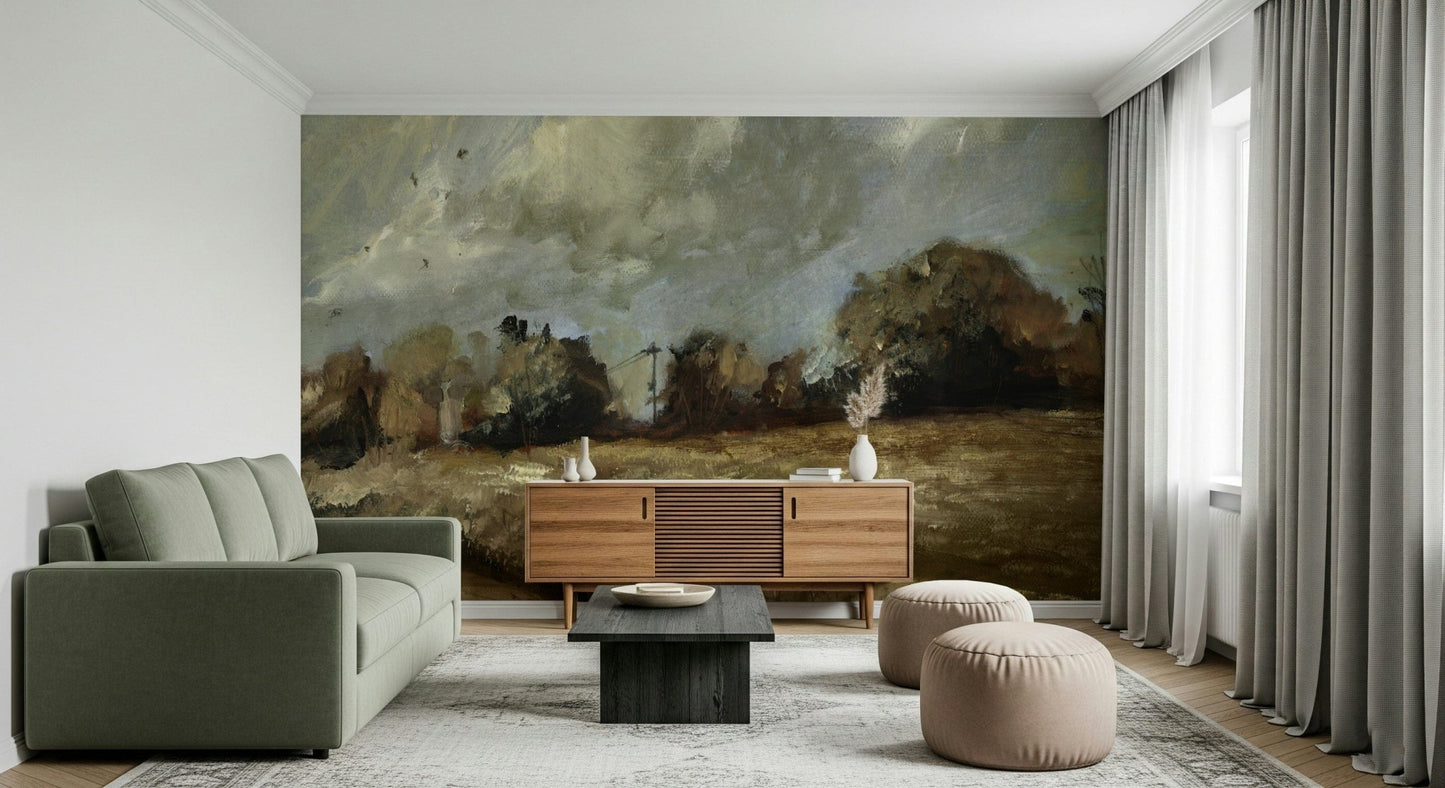 An artistic fluid pattern mural on scenic wallpaper.