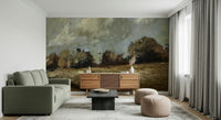 An artistic fluid pattern mural on scenic wallpaper.