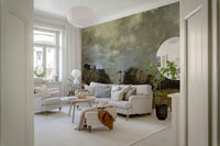 A peaceful modern abstract mural on decorative wallpaper.