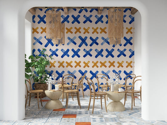 Hand-painted blue gold Brushstroke Crosses Wallpaper