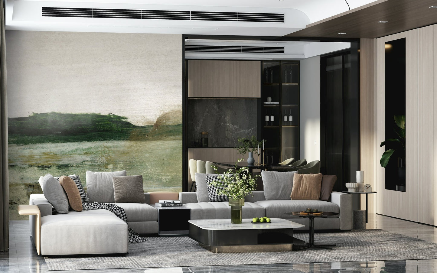 A peaceful modern abstract mural on decorative wallpaper., GD5576