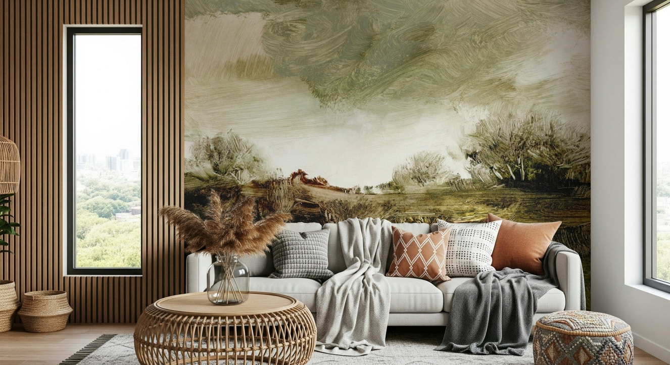 A beautiful abstract landscape wallpaper mural with fluid brushstrokes.