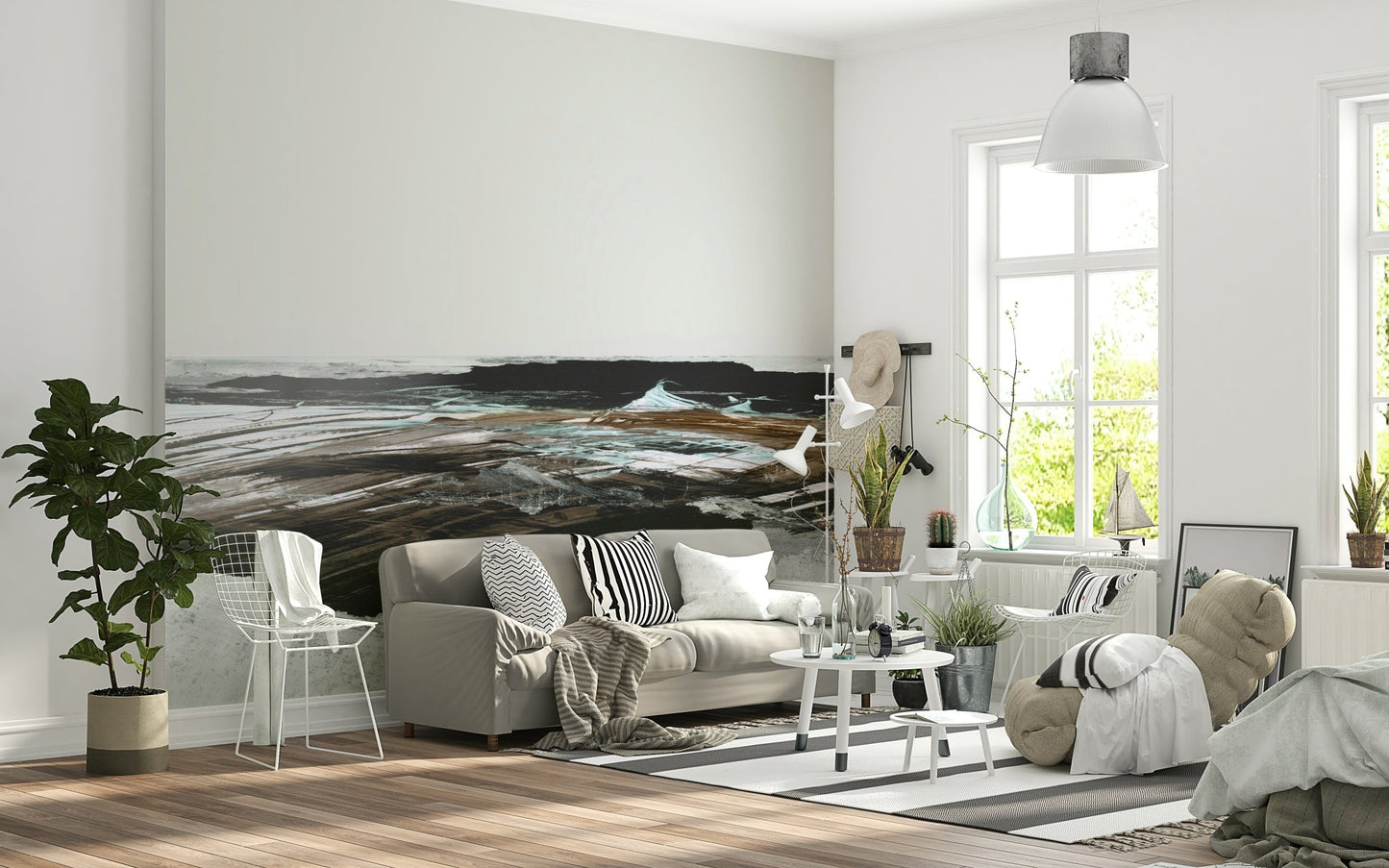 An artistic fluid pattern mural on minimalist wallpaper., GD5575