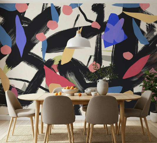 Vibrant abstract brushstroke wall mural adding bold energy to a dining room.