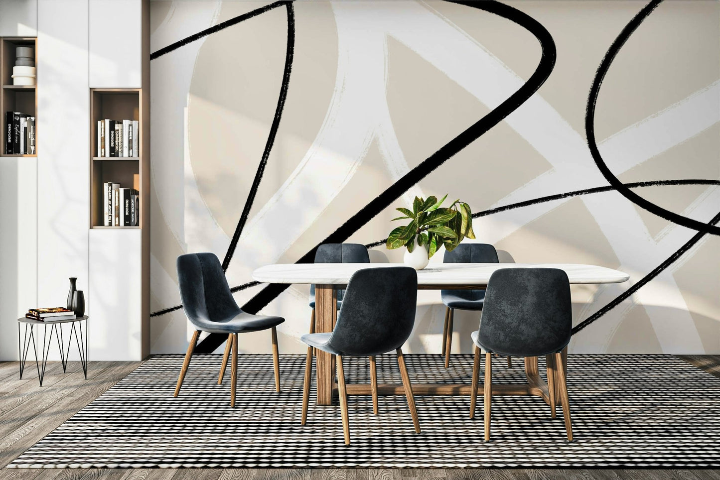 A graceful subtle stroke wall mural in cool, natural tones.

