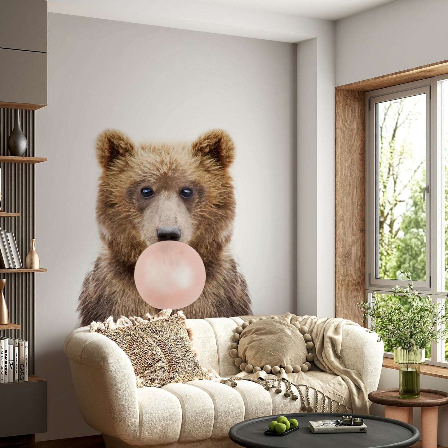 Bubble gum bear wallpaper mural for a fun atmosphere.

