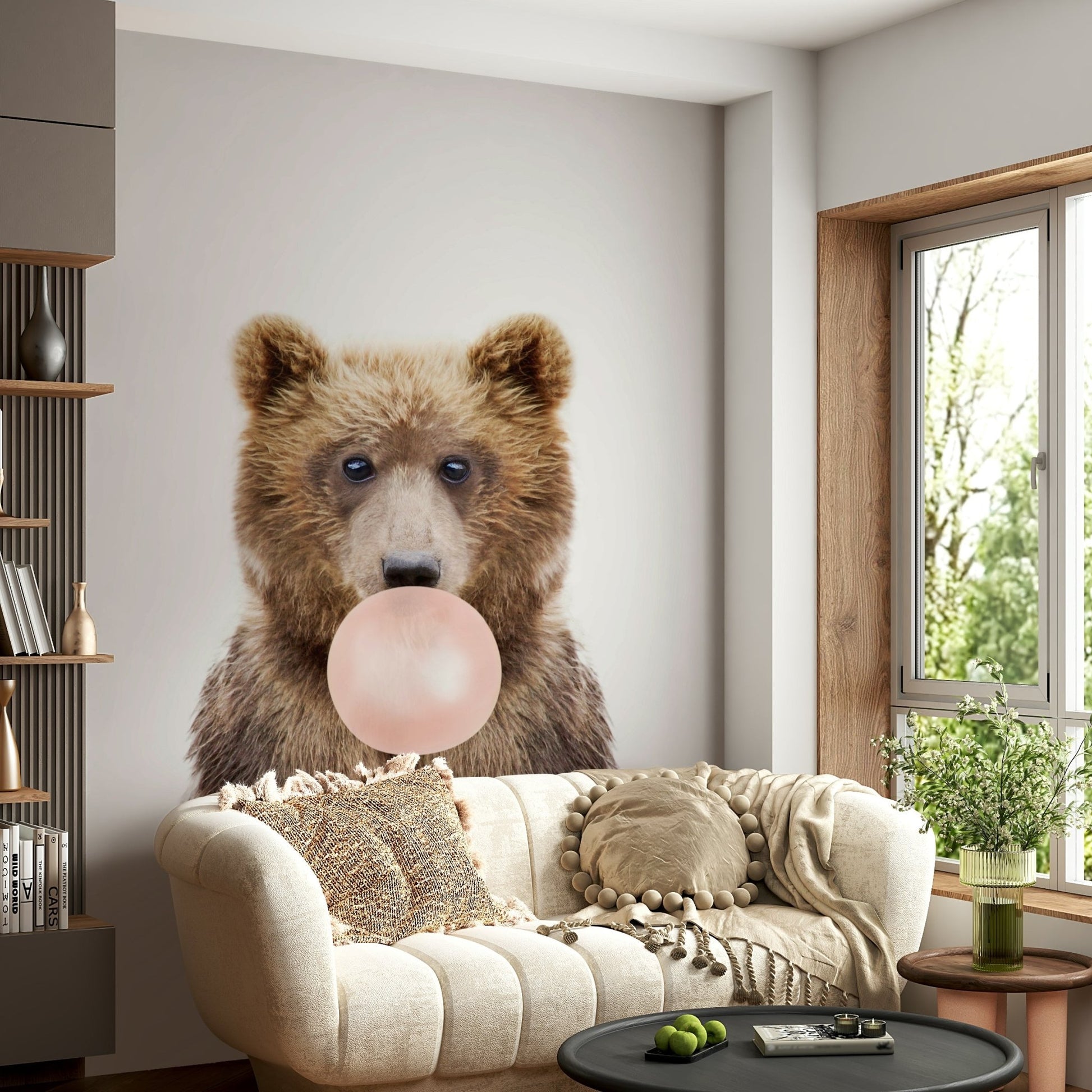Bubble gum bear wallpaper mural for a fun atmosphere.

