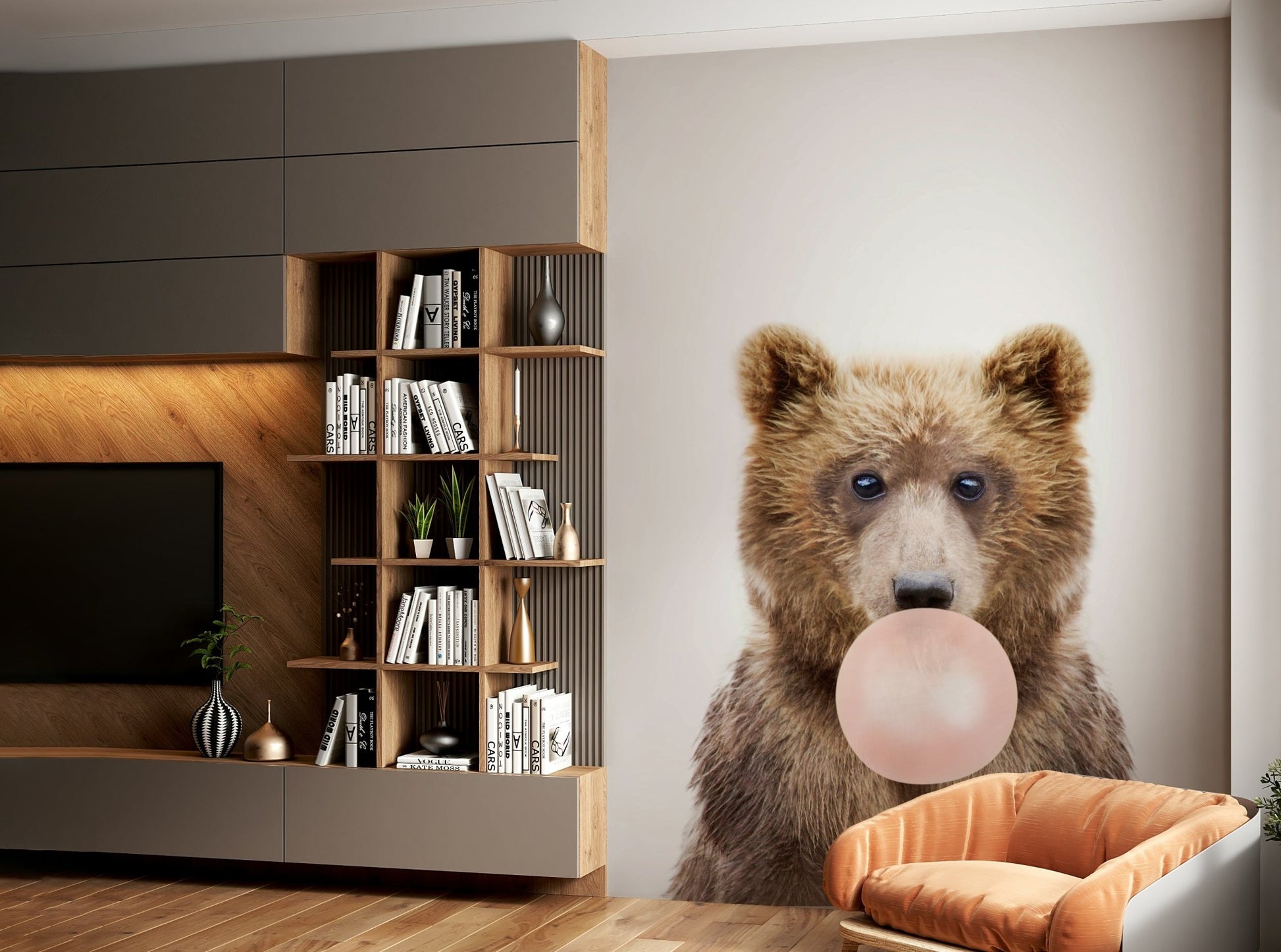 Child-friendly bubble gum bear mural for joyful rooms.

