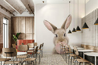 Fun and vibrant bubble gum bunny mural for kids' rooms.


