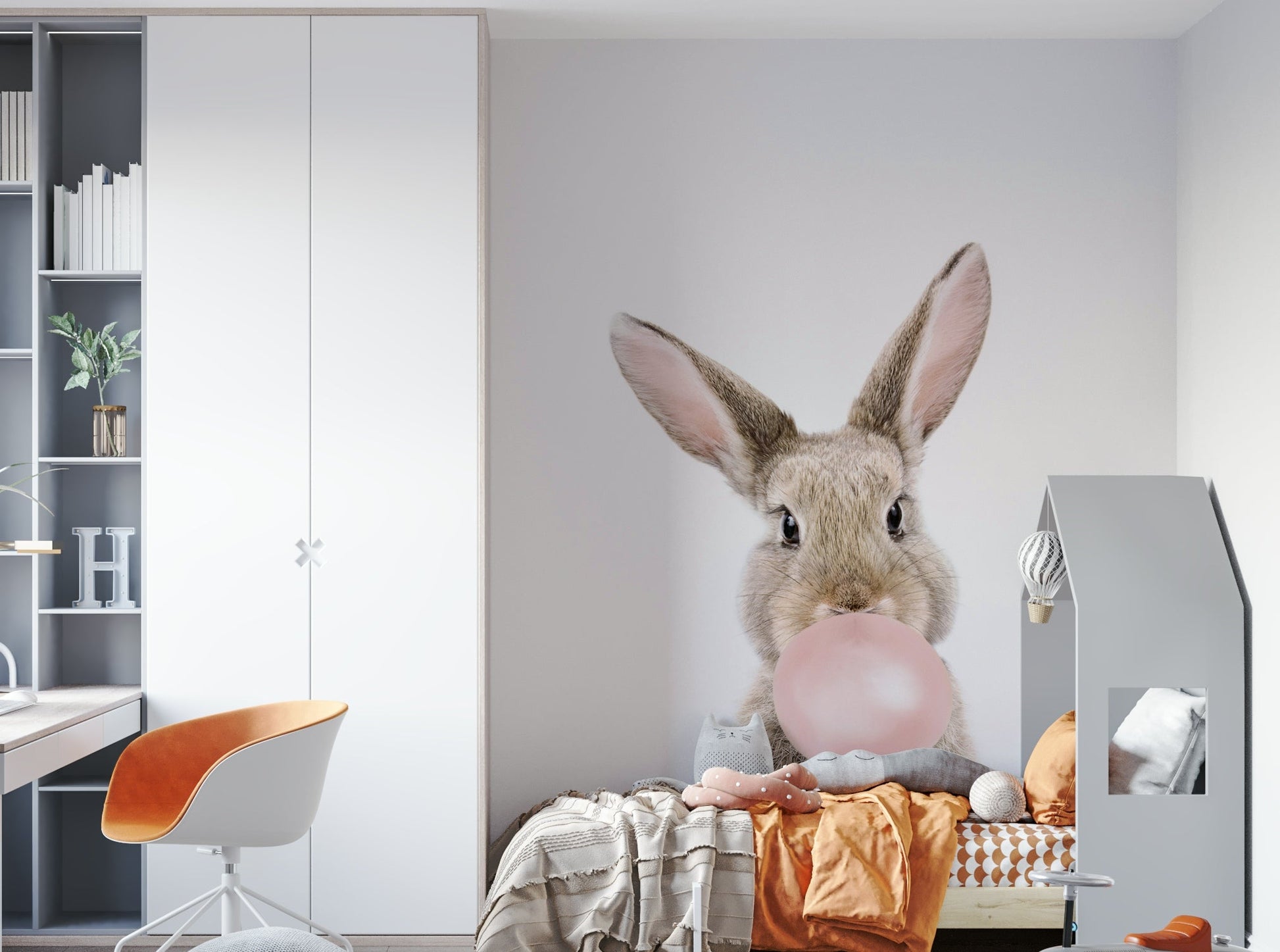 Bubble gum bunny mural for lively and creative spaces.

