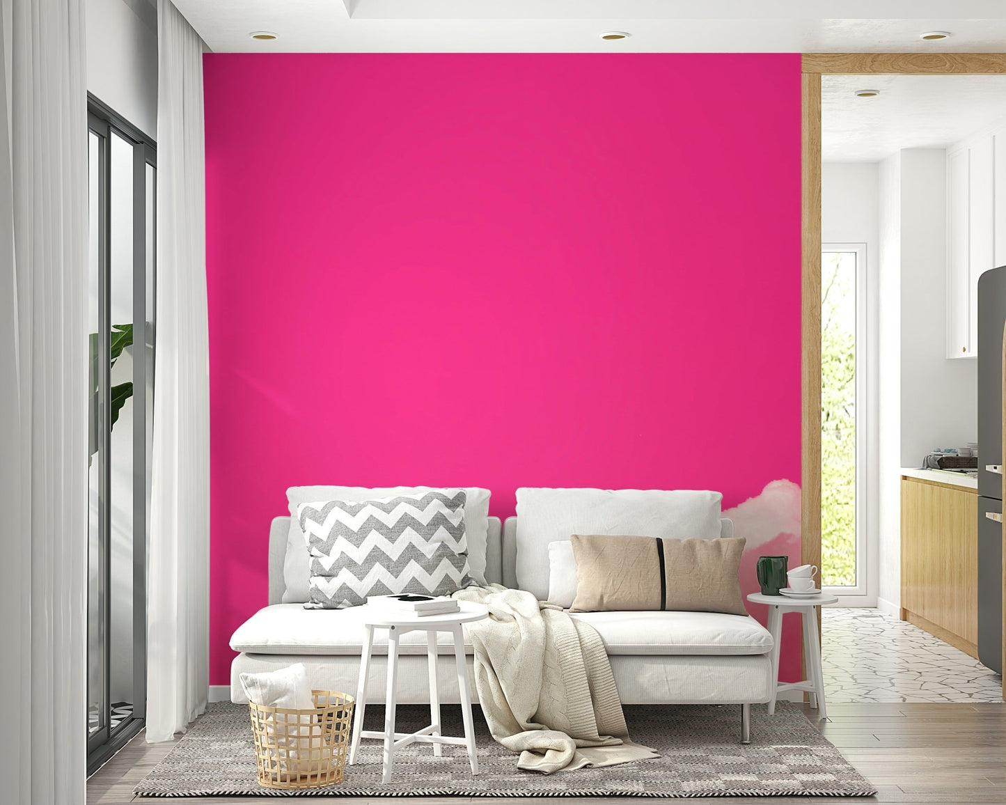 An artistic pink cloud mural on bright wallpaper.

