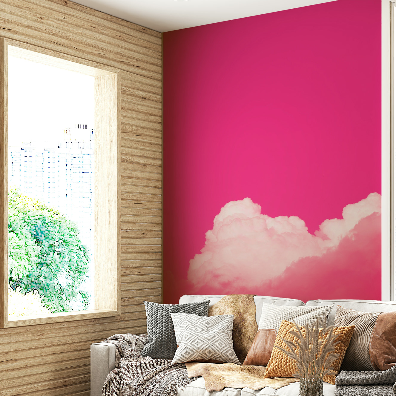 A beautiful bubble gum wallpaper mural with colorful clouds.


