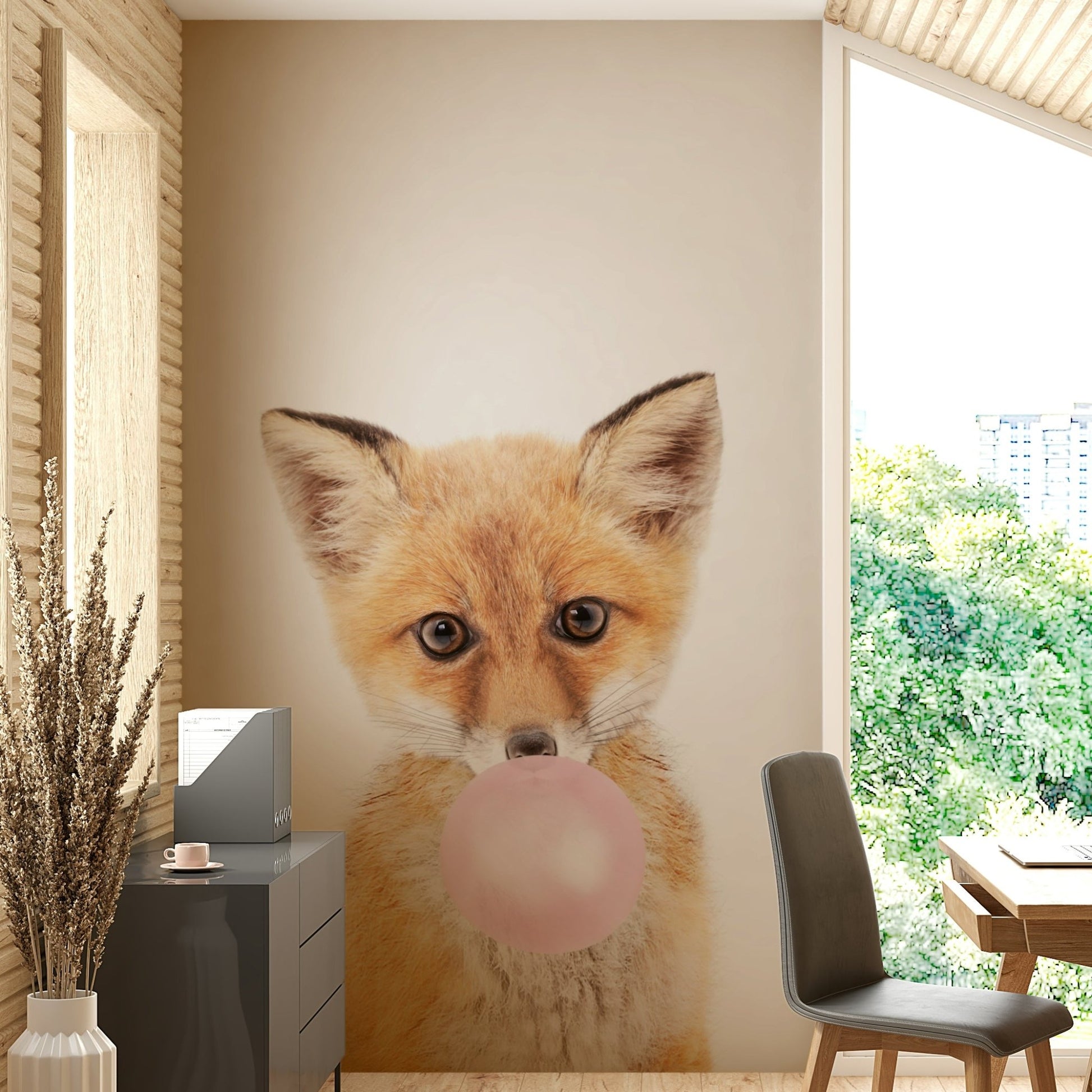 Whimsical fox wall art with bubble gum style

