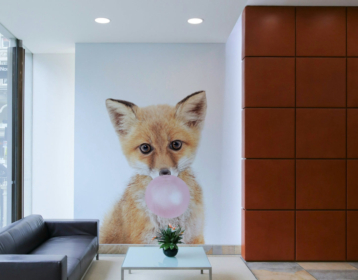 Adorable fox mural with bubble gum details

