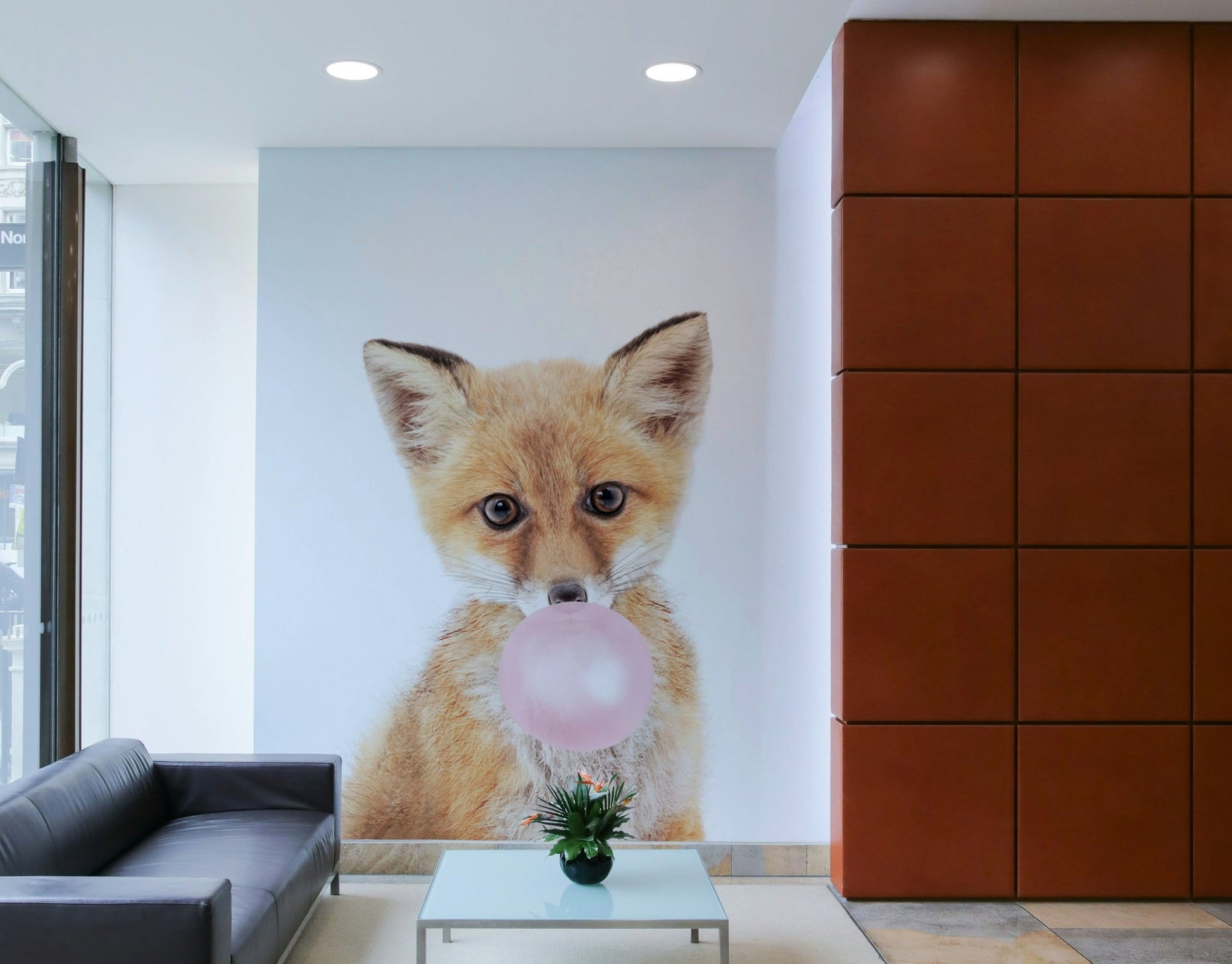 Adorable fox mural with bubble gum details

