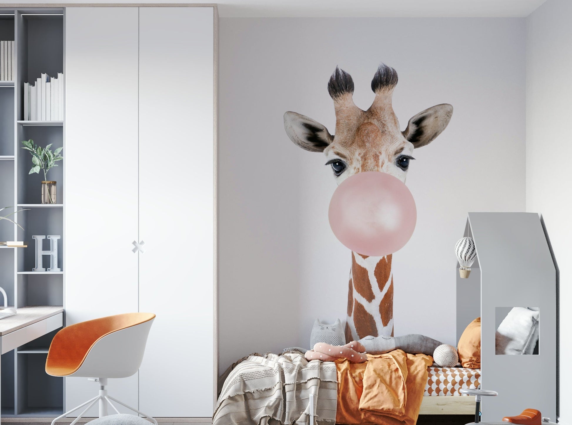 Bright and playful giraffe mural in pink hues

