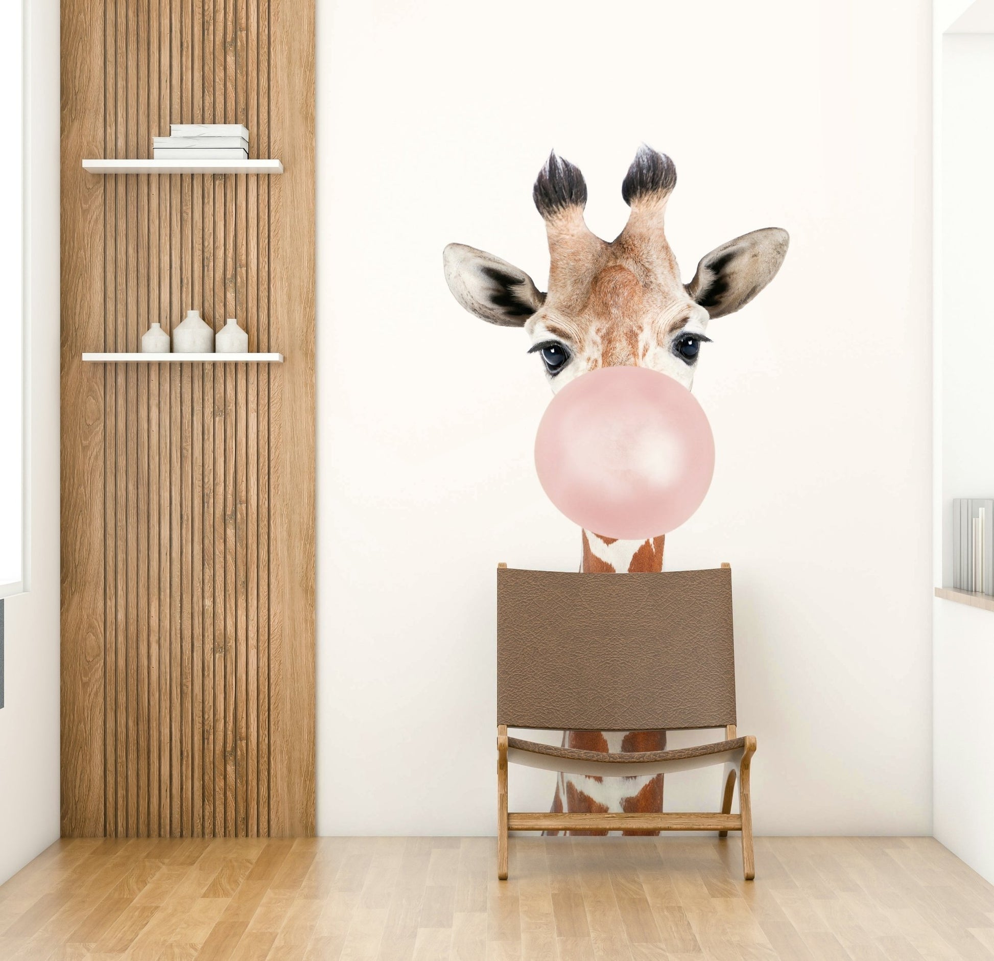 Unique giraffe mural with bubble gum accents

