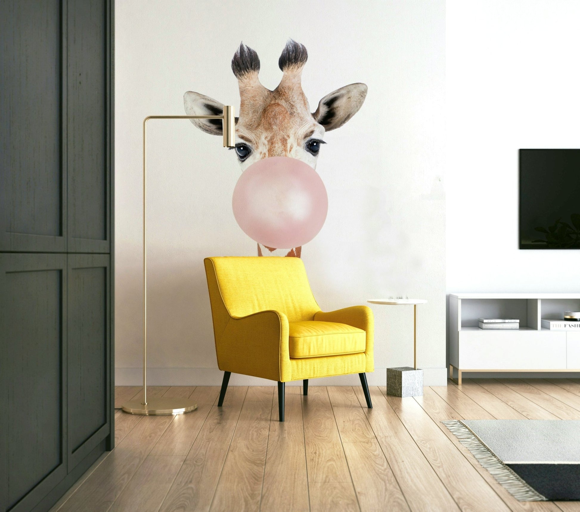 Fun giraffe mural in bubble gum pink tones

