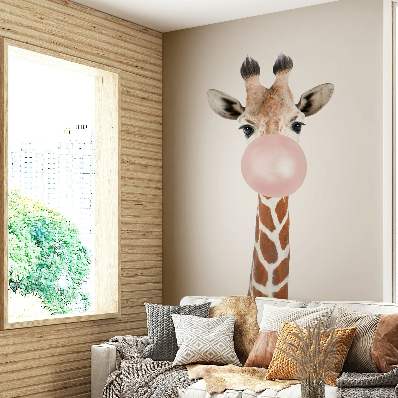 Bubble gum giraffe wall mural for kids' room

