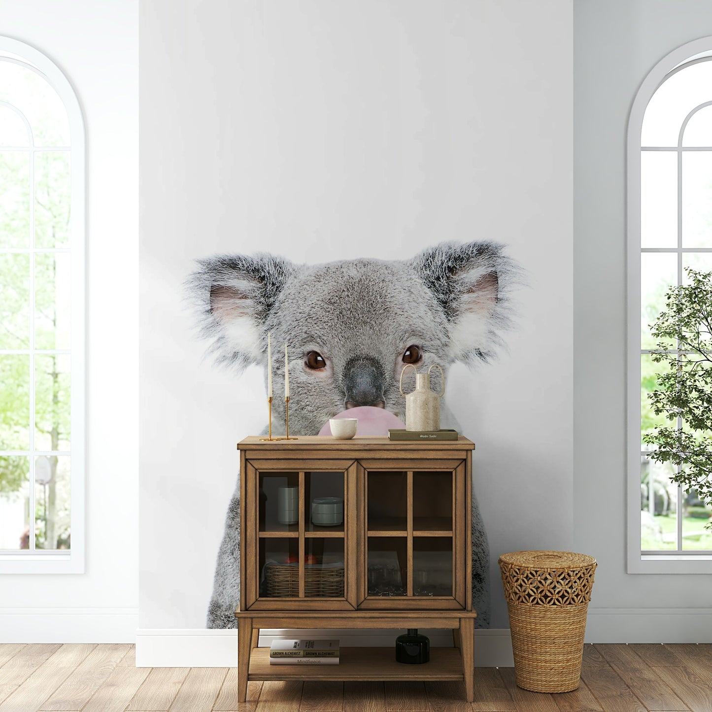 Colorful bubble gum koala wall mural for modern decor.

