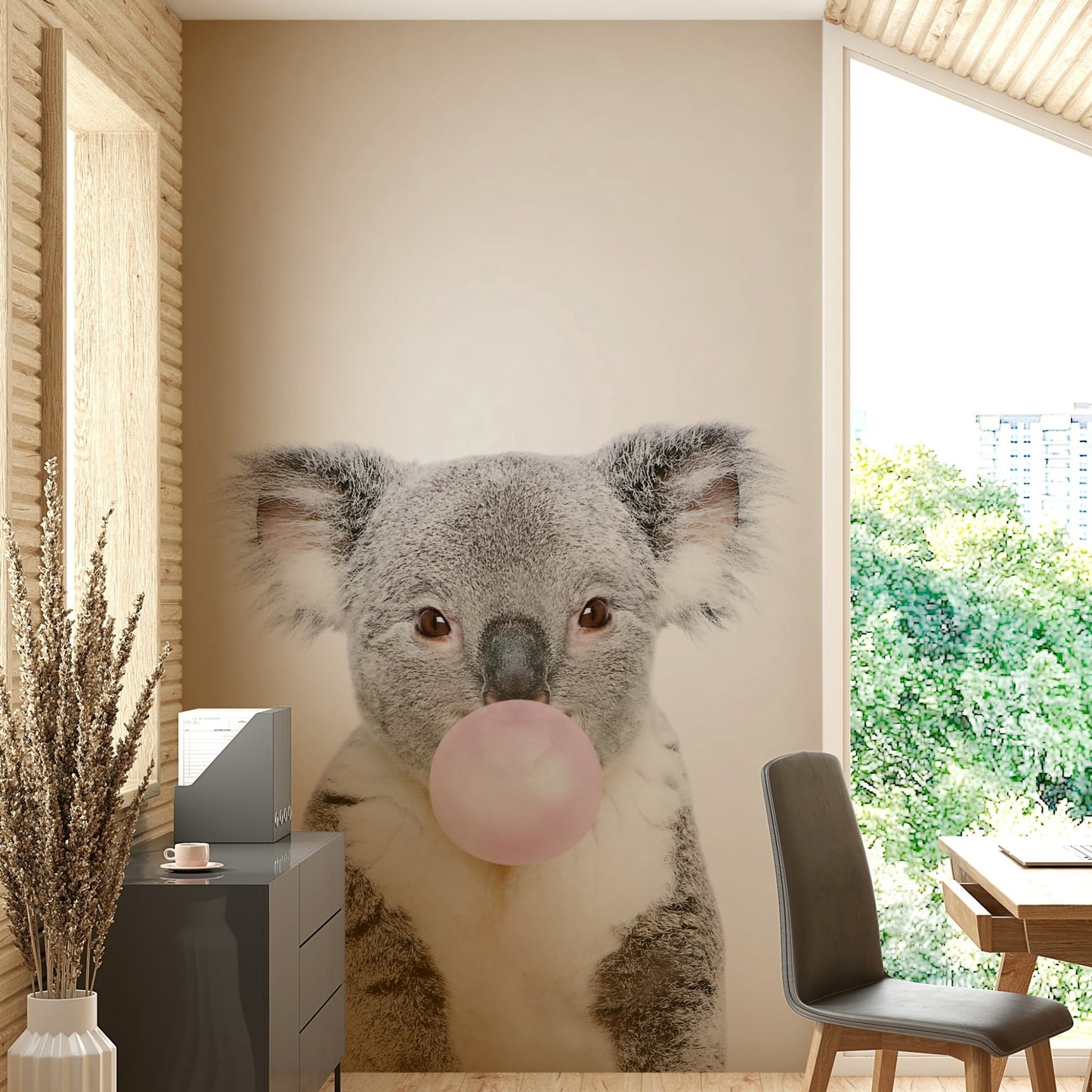 Lighthearted koala mural with bubble gum for kids room.

